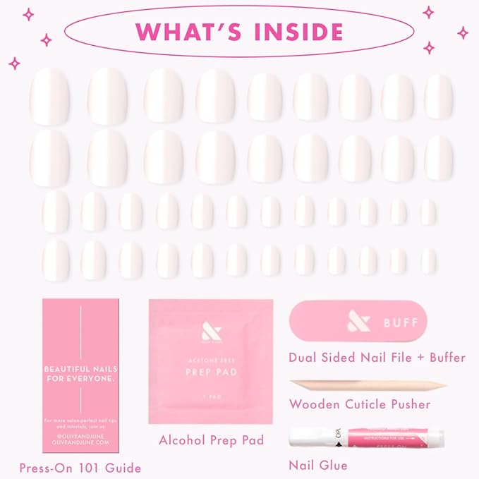 Olive & June Instant Mani Press-On Nails (Glue) | 42 Fake Nails, 21 Sizes | Non-Toxic Long-Lasting Recycled Materials Realistic Look | Salon-Quality at Home | Extra Short, Round | White Chrome