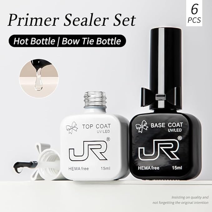 JR 6pcs 15ML HEMA&TPO Free No Wipe Gel Top &Base Coat Set Glossy Soak Off Clear Quick Dry High Glossy Shiny No Chip Long Lasting Air Dry Top Coat for Nail Art Manicure Professional Nail Salon