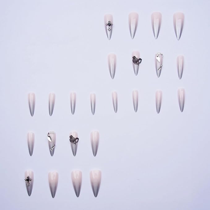 MISUD Press on Nails - Long Stiletto Fake Nails with Silver Chrome, Acrylic Goth Y2K Charms Design 24 pcs