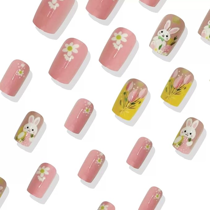 Easter Day Press on Nails - Medium Square Fake Nails with Bunny Flower Design - Pink False Nails Press ons - for Women 24 Pcs