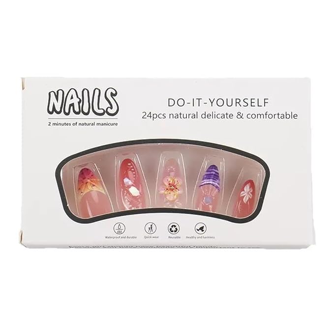 Press on Nails Medium Almond - Flower Fake Nails with 3D Shell Pattern Design - Colorful Full Cover Stick on False Nails - for Women Manicure 24 Pcs
