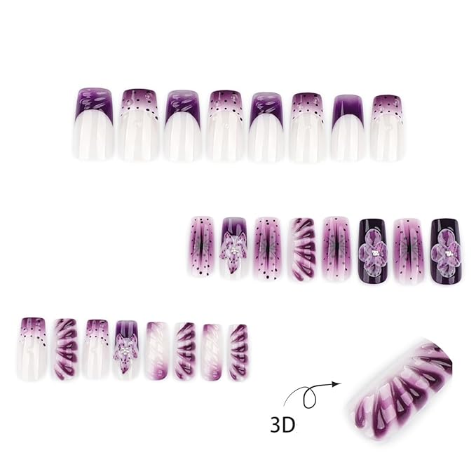 3D Press on Nails Long Square Dark Purple Fake Nails with Flower Design French Tip False Nails Full Cover Glossy Stick on Nails for Women Manicure 24PCS