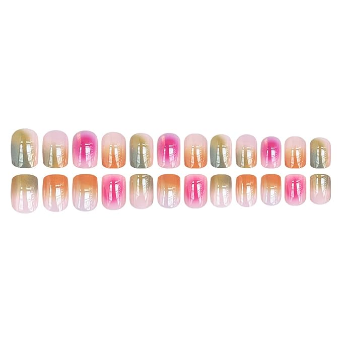 Aura Press on Nails Short Square Fake Nails Colorful Ombre False Nails Press ons with Blooming Design Reusable Artificial Nails Full Cover Glue on Nails Stick on Nails for Women Manicure 24 Pcs