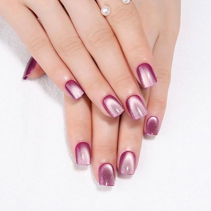 Purple-White Shift Press on Nails Short Square, Cat Eye Press on Nails, Fashion Gel Fake Nails, Reusable Acrylic Fake Nails, Glossy Stick on Nails for Women, Glue on Nails Kit, Mystic Rose