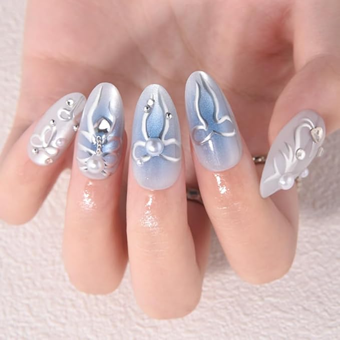 evpct White Blue 3D Shimmery Press on Nails Short Almond with Silver Line Heart Design, Cat Eye Pearl Stick on Nail for Women Gift, Reusable Full Cover Soft Gel Press on Fake Nail with 3D Design