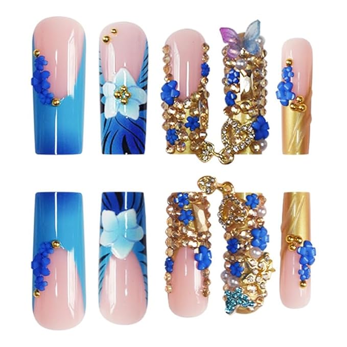 Long Square Press on Nails,Handmade Acrylic Press on Nails with Designs，Long Press on Nail for Women 24pcs
