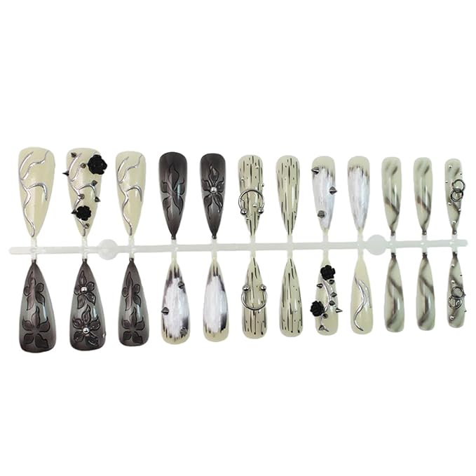 24Pcs Black Handmade Press on Nails Long Stiletto Gothic Fake Nails with 3D Black Rose Metal Piercing Rivets Design Punk Acrylic Nails Y2k Almond False Nails Goth Flower Glue on Nails for Women