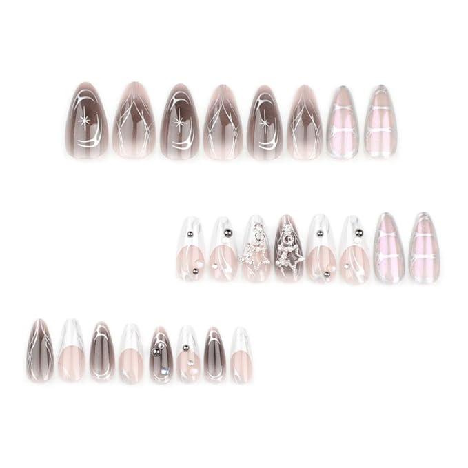 White French Tip Press on Nails Medium Almond False Nails with 3D Star Rhinestones Designs Silver Flame Fake Nais Black Ombre Acrylic Nails Full Cover Glue on Nail for Women Girls Manicure 24Pcs