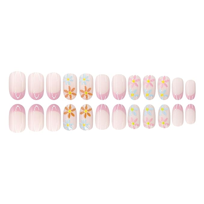 Flower Fake Nails Medium Almond Press on Nails Pink French Tip False Nails Summer Spring Nails Press Ons Glossy Full Cover Glue on Nail Acrylic Stick on Nail for Women Decorations Set 24Pcs