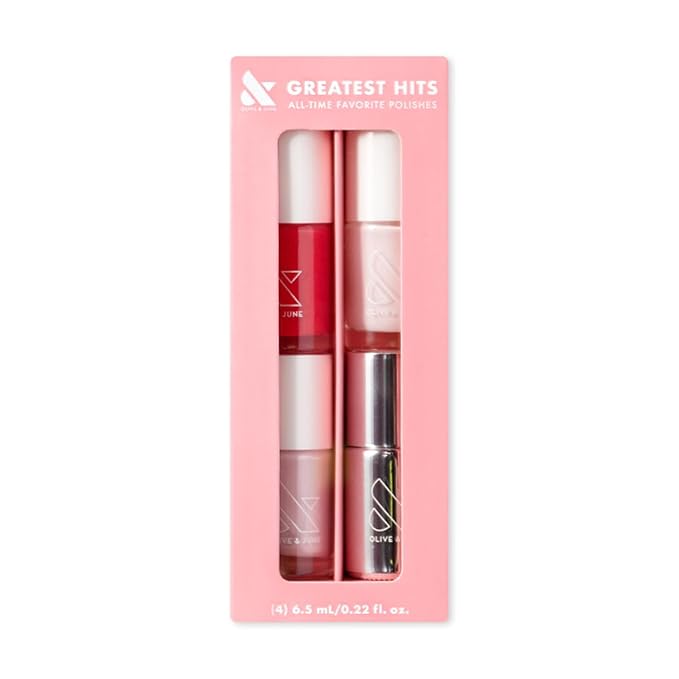 Olive & June Best Sellers Nail Polish Set | Includes 3 Long Lasting Shades (Cockatoo, Pink Sands, Hibiscus) + Super Glossy Top Coat | Vegan, Cruelty-Free | Salon-Quality Results at Home