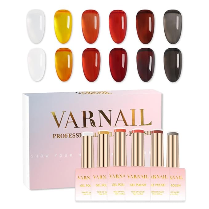 VARNAIL Jelly Gel Nail Polish Kit 6 Colors, Translucent Brown Sheer Series, Soak off U V Light Gel Nail Polish 15ml/ Bottle, Nail Art Manicure DIY Home Salon for Women Girls