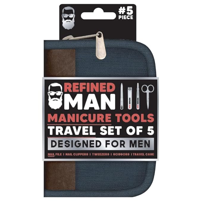 BLKSMITH Refined Man Manicure and Pedicure Kit Set of 5 - Manicure Kit for Men - Nail Clipper Kit with Nail File, Clippers, Scissors, Tweezer & Travel Case - Designed for Men (Brown/Navy)