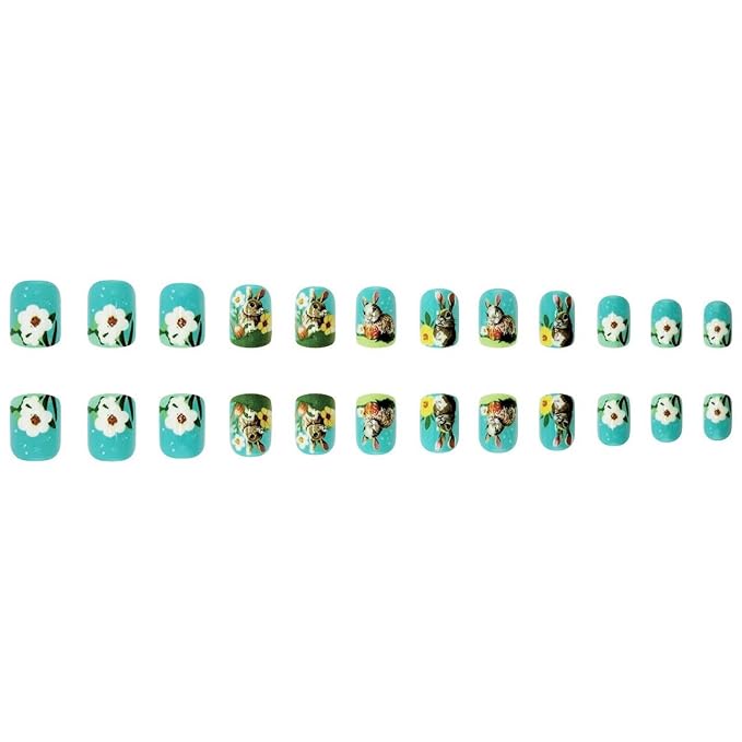 Easter Press on Nails Short Square Fake Nails with Cute Bunny Designs Glossy Blue False Nails Spring Colorful Flower Acrylic Nails Full Cover Stick on Nails for Women Nails Manicure Decoration 24 Pcs