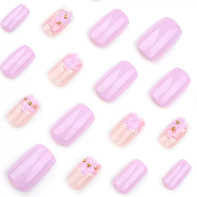 Press on Nails - Medium Square Fake Nails with Floral Design - Purple Full Cover Stick on False Nails - for Women 24 Pcs