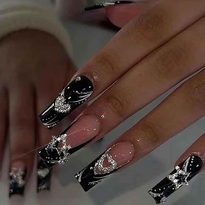 Press on Nails Long Rhinestone Fake Nails Black Square Bling Glossy Artificial Nails Finger Manicure for Women and Girls-24pcs (Long Nails 2)