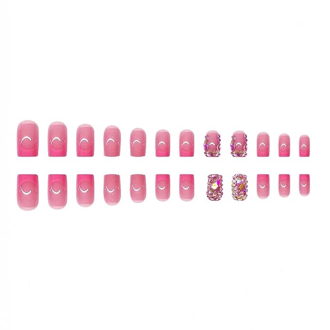 48Pcs Square Press on Nails Short & Press on Toenails Set, Pink French Tip Press on Nails with Rhinestone Design Fake Nails Short Press on Toe Nails for Women Manicure Kit