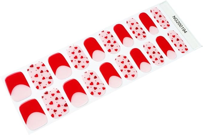 Semi Cured Gel Nail Strips (Red Love), French Heart, 20 Pcs Gel Nail Wraps, Stickers, UV Light Required, Salon Quality, Long Lasting, Valentines Day Gift for Women Girls DIY Manicure