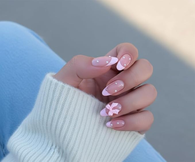 Press on Nails Pink Glossy 3D Flower French Fake Nails French Fake Reusable Nail Kit with Nail Glue Adhesive Tabs Mini Nail File for Women Manicure Art Decoration 24PCS