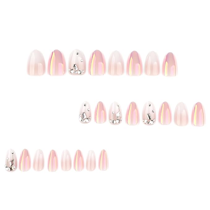Almond Press on Nails - Short Fake Nails White Ombre Nails Press ons with Rhinestone Accents Design, Glossy Acrylic Nails Full Cover Artificial Glue On Nails for Women Manicure 24Pcs