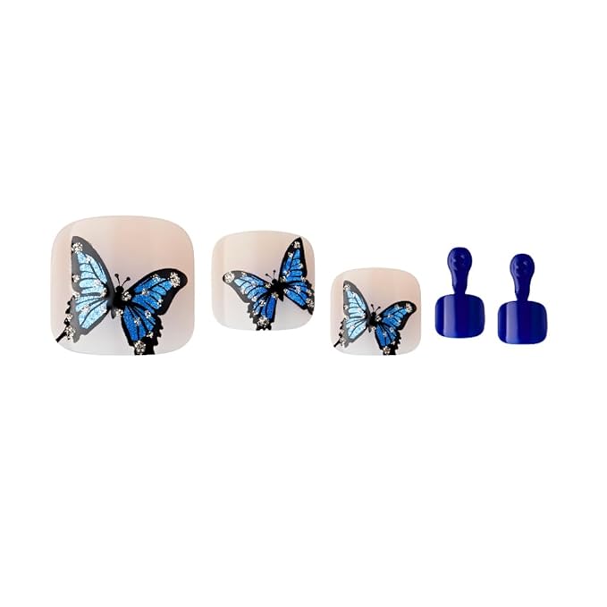 GoldFinger Trendy Press On Fake Toenail Kit, Butterfly Animal Print & Dark Blue Color, Ready to Wear Gel & Manicure Stick, Mini Glue included, Long-Lasting Convenient & Easy to Apply