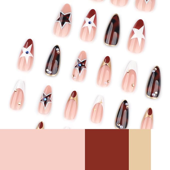 Y2K Press on Nails Short - Almond Shape Pentagram False Nails, Tortoise Shell Fake Nails Press ons with Pearl & Rhinestone Designs, French Tips Glue on Nails for Women Manicure 24Pcs