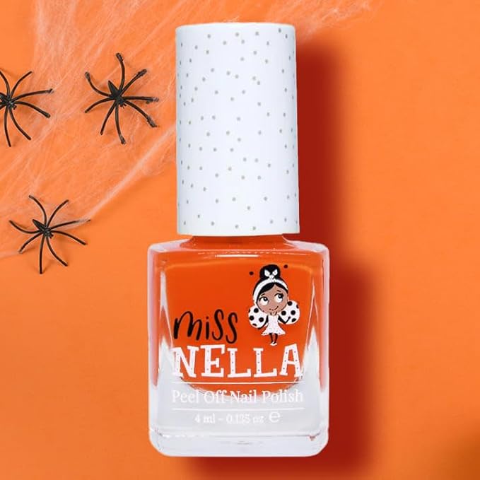 MISS NELLA Halloween Special Glitter Kids Nail Polish 3 Pack: Poppy Fields (orange), Surprise Party (black glitter) & Class Clown (red), Peel-off, Non- toxic, Water Based Formula