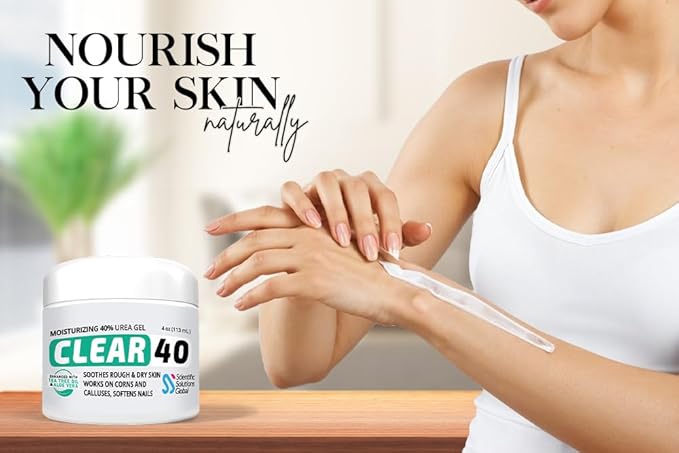 CLEAR 40, 40% Urea Gel, 4 oz w/Tea Tree & Coconut Oil, Aloe Vera Extract, Works on Calluses & Corns, Moisturizes & Softens Cracked Heels, Feet, Elbows, Hands, Nails, Superior Hydration to Urea Creams