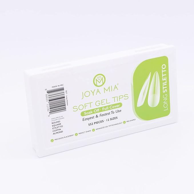 Soft Gel Nail Tips Full Cover Nail Tips Kit for Soak Off Nail Extensions, 550 Pcs Clear Soft Pre-buff PMMA False Press on Nail Tips, 11 Sizes - 10 Shapes to choose from (Long Stiletto)