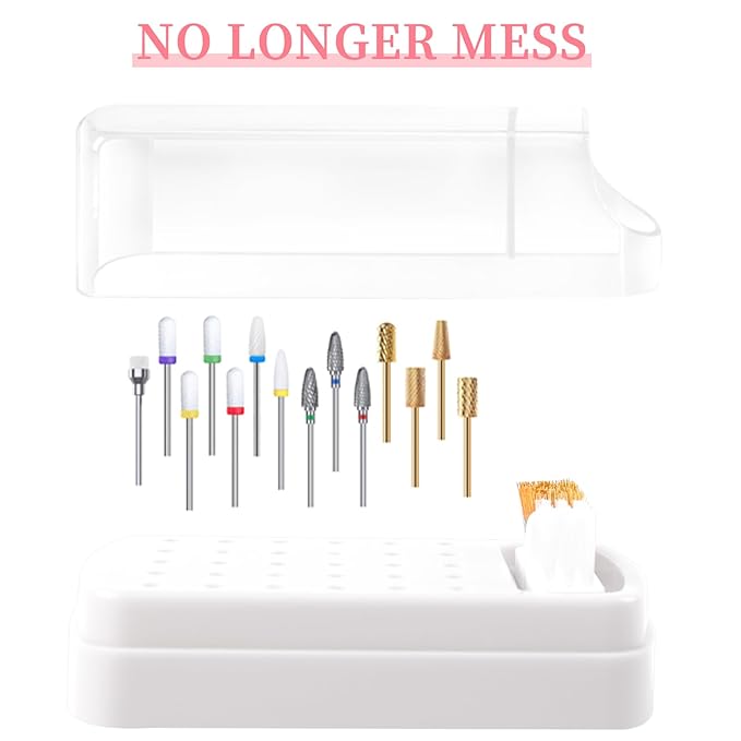 2 in 1 Nail Drill Bits Holder & Cleaner, 30 Holes, Dustproof Storage Box, Includes 3 Cleaning Brushes, White, Acrylic Plastic, Cosmetic Nail Set, Kit