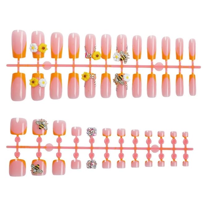 48Pcs Orange French Tips Press on Nails 3D Press on Toenails Medium Square Stick on Nails with Flower Bee Charm Design Rhinestone Fake Nails Glossy Summer False Toenails Kit for Women DIY Manicure