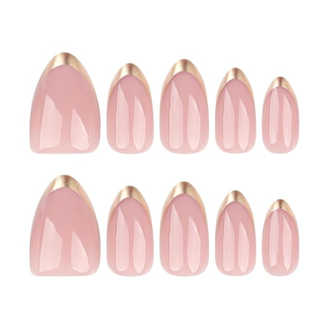 Gold Press on Nails Medium Almond Fake Nails Press ons French Tip False Nail with Designs Glossy Full Cover Acrylic Artificial Stick on Nails Reusable Glue on Nail for Women Manicure 24Pcs