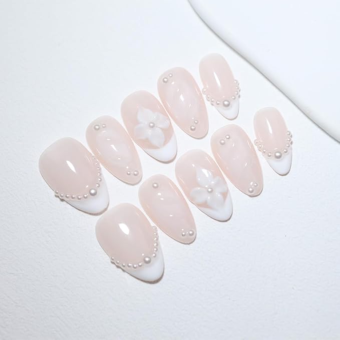 10Pcs Almond Handmade Press On Nails | Floral Seashell Ombre Collection with 3D Decor & Gold Bead Accents | Reusable Easy to Apply Salon-Quality Fake Nails for Women and Girls (PZ04, S)