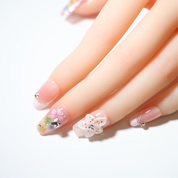 3D Flower & Glitter Accents Rhinestones Nail Decoration Nail Art Design For Holiday 10pcs Short Square Nail Tips False Nails 100% Handmade Press On Nails For Women and Girls (Pink Flower15, M)