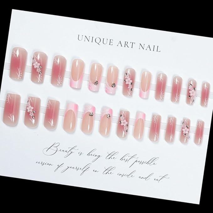 Medium Press on Nails Coffin - Pink Fake Nails with Floral Charms Design - Spring, French Tip False Nails for Women - 24 Pcs