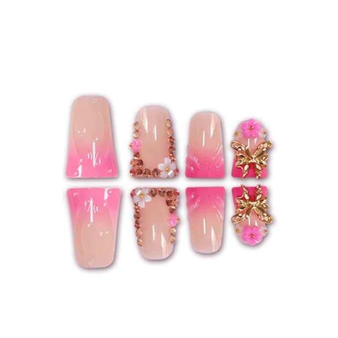 Pink Nail Press ons Ombre French Tip Fake Nails Flower False Nails with Butterfly Design Glossy Duck Glue on Nails Reusable Artificial Acrylic Full Cover Stick on Nails for Women Manicure 24Pcs