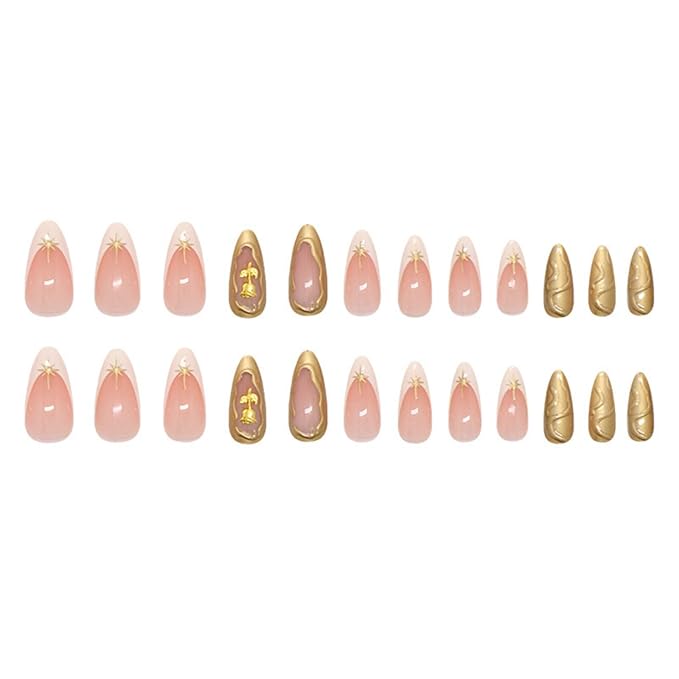Almond Press on Nails Medium Fake Nails French False Nails Gold Artificial Nails with 3D Flowers Designs Acrylic Nail Press ons Glitter Stick on Nails for Women 24pcs