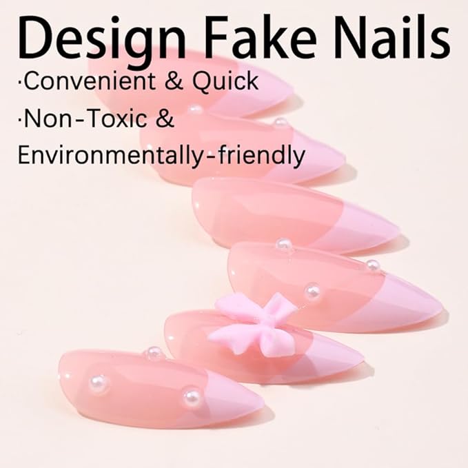 Press on Nails Pink Glossy 3D Flower French Fake Nails French Fake Reusable Nail Kit with Nail Glue Adhesive Tabs Mini Nail File for Women Manicure Art Decoration 24PCS