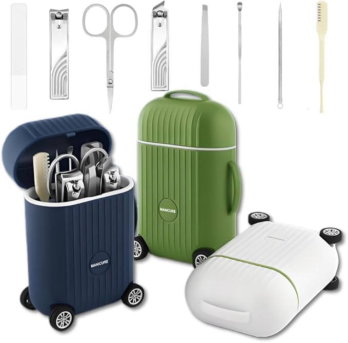 Manicure Set 8 in 1 Stainless Steel, Nail Clippers Scissors Pedicure Tools Kit - Portable Travel Grooming Kit for Men and Women with Mini travel box packaging (BLUE)
