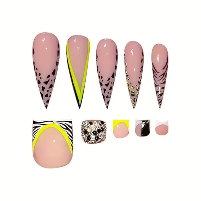 48Pcs Leopard French Tips Press on Nails Long Almond Fake Nails with Green Striped Design Zebra French Tips Press on Toenails Short Square Fake Toenails Rhinestones False Toenails for Women Manicure