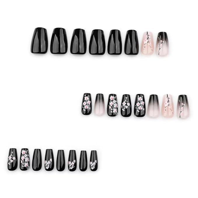 Press on Naills Black - Medium Coffin Fake Nails with Plum Blossom Design - Flower Stick on False Nails for Women - 24 Pcs