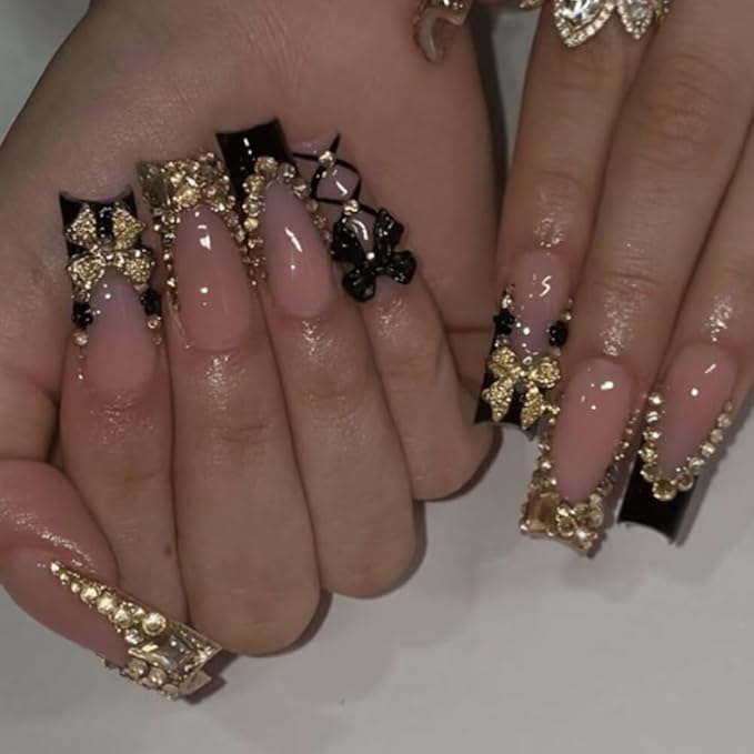 Press On Nails - Handmade French Square Fake Nails, Luxury Cute Golden Bow and Diamond Design, Reusable Artificial Square False Nails for Women 10 Pcs 3D Acrylic Nails Kit (Size S)