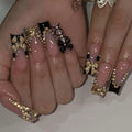 Press On Nails - Handmade French Square Fake Nails, Luxury Cute Golden Bow and Diamond Design, Reusable Artificial Square False Nails for Women 10 Pcs 3D Acrylic Nails Kit (Size L)