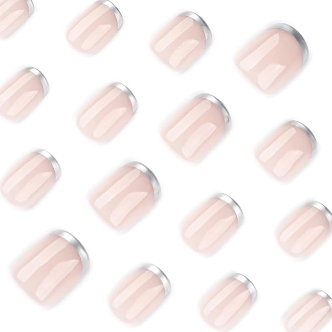 Silver French Tip Press on Nails Short Square Fake Nails French Nails Press ons with Silver Design,Reusable Artificial Nail Glossy Full Cover Glue on Nail Stick on Nails for Women Manicure 24 Pcs