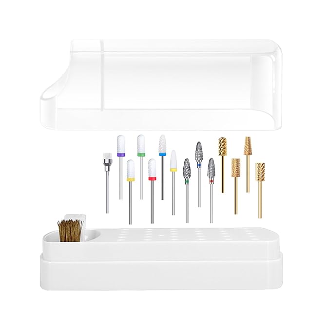 2 In 1 Nail Drill Bits Holder & Nail Drill Bits Cleaner Case,30 Holes Dustproof Nail Art Drill Bits Stand for Nails Display Organizer Container Manicure Tools (Not Include Nail Drill Bits) White
