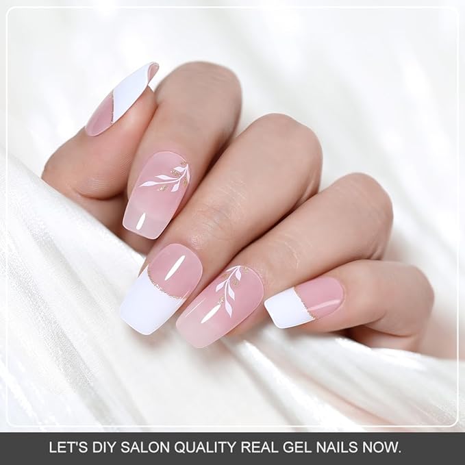 Arte Clavo Semi Cured Gel Nail Strips, White French Leaf, Gold Glitter, 20PCS Gel Nail Stickers, Wraps, UV Light Required, Salon Quality, Easy Application and Removal