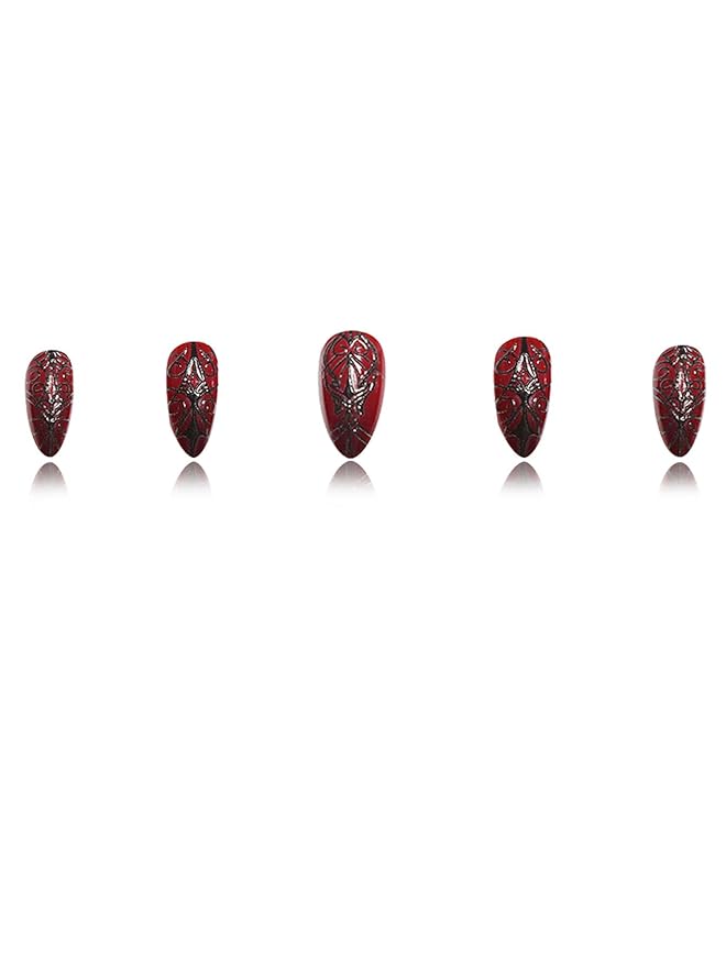 Long Almond Press on Nails Halloween Dark Red Artificial Fake Nails with Black Spider Web Designs Stick on Nail for Women 24pcs