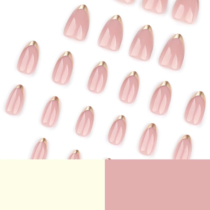 Gold Press on Nails Medium Almond Fake Nails Press ons French Tip False Nail with Designs Glossy Full Cover Acrylic Artificial Stick on Nails Reusable Glue on Nail for Women Manicure 24Pcs