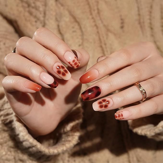 Semi Cured Gel Nail Strips 20 Pcs Brown Flower French Gel Nail Wraps, Stickers, UV Light Required Nail Art Design Decoration Accessories