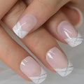 Curvlife French Tip Press On Nails - Acrylic False Nails with Design, Full Coverage, Reusable Kit with Glue, Tabs, File - Ivory with Silver Trim, 30pcs