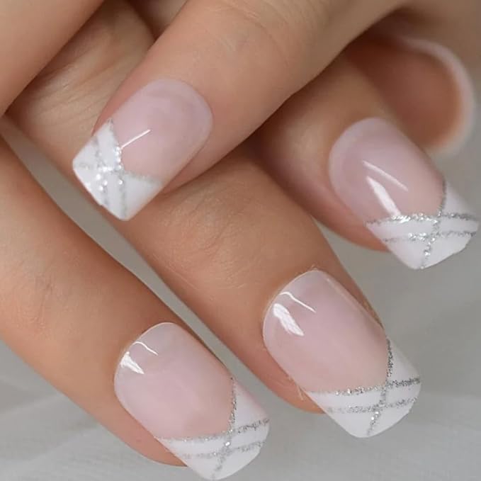 Curvlife French Tip Press On Nails - Acrylic False Nails with Design, Full Coverage, Reusable Kit with Glue, Tabs, File - Ivory with Silver Trim, 30pcs